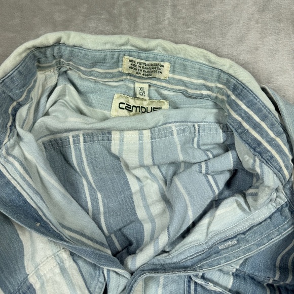 Vintage Campus 90s Striped 100% Cotton Blue White Striped Button Down Shirt XL - Picture 3 of 14